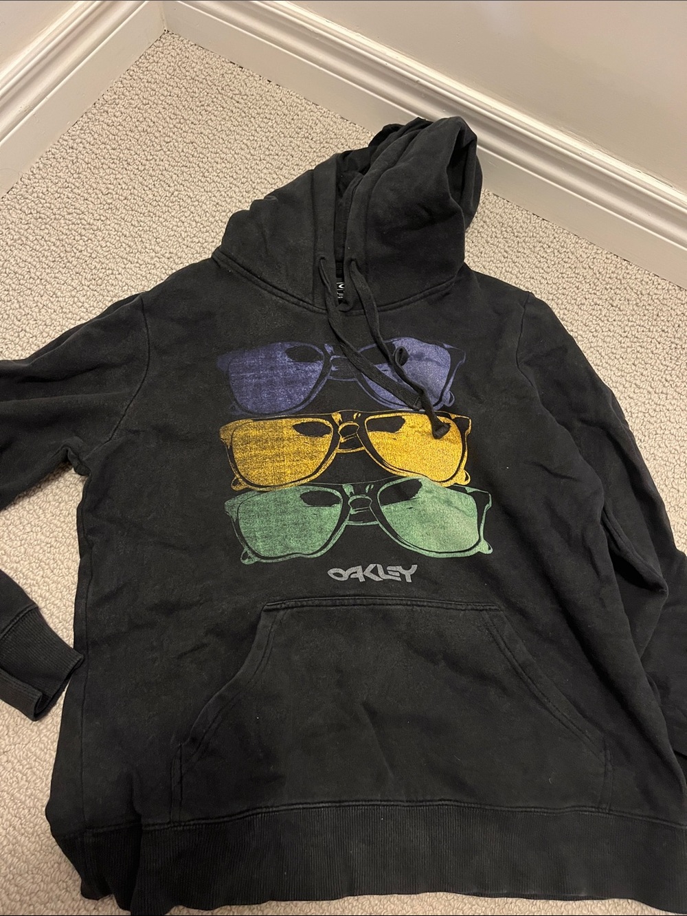 Oakley Black Hoodie with Purple, Yellow, and Green Sunglasses Graphic